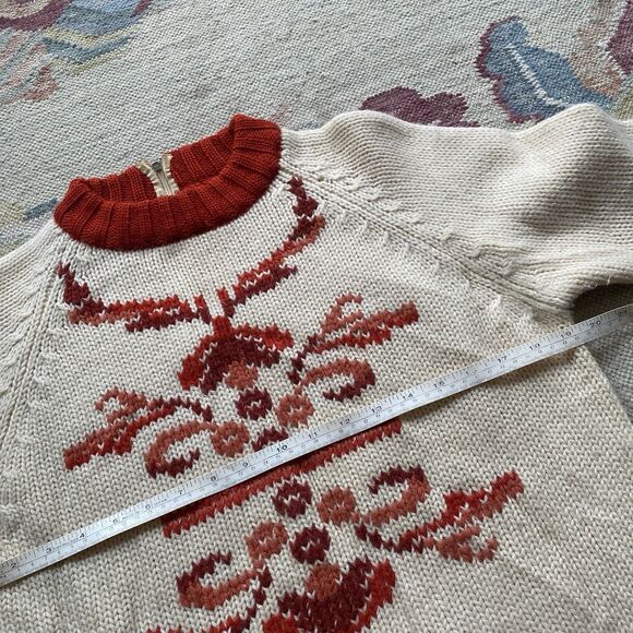 Vintage Red White 100% Wool Sweater Zip Back 70s Large - Picture 5 of 7